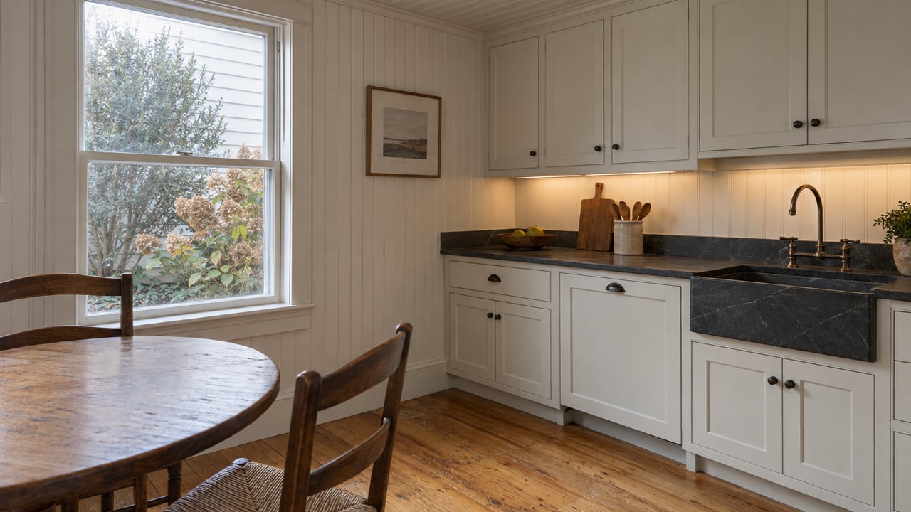 Coastal home dining nook with a round oak table, rush-seat chairs, and late-season shrubs beyond the window.