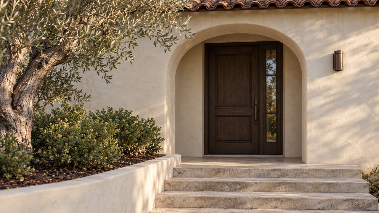 Cream stucco entry with an arched oak door, glazed sidelight, limestone steps, and olive branches overhead.