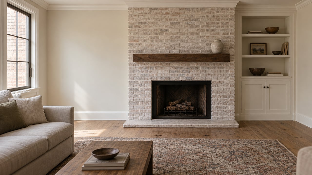 Living room with a painted brick fireplace, glazed window, oak floor, linen sofa, and wool rug.