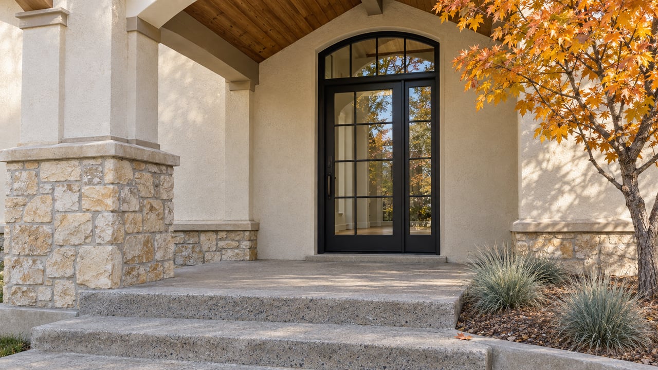 An ivory stucco home's covered entrance with a limestone column, black gridded glass door, and orange-gold maple beside broad concrete steps.