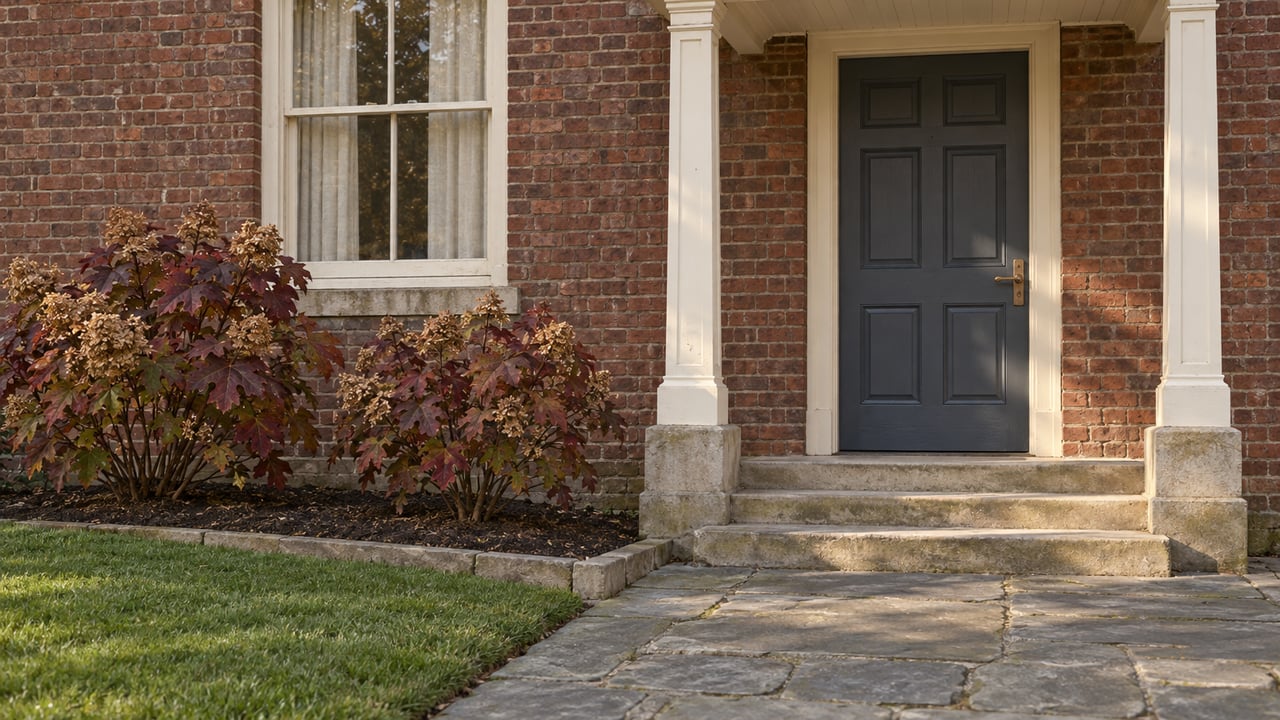 Traditional brick home with a blue-gray door, cream entry canopy, limestone steps and burgundy oakleaf hydrangeas beside a flagstone walk.