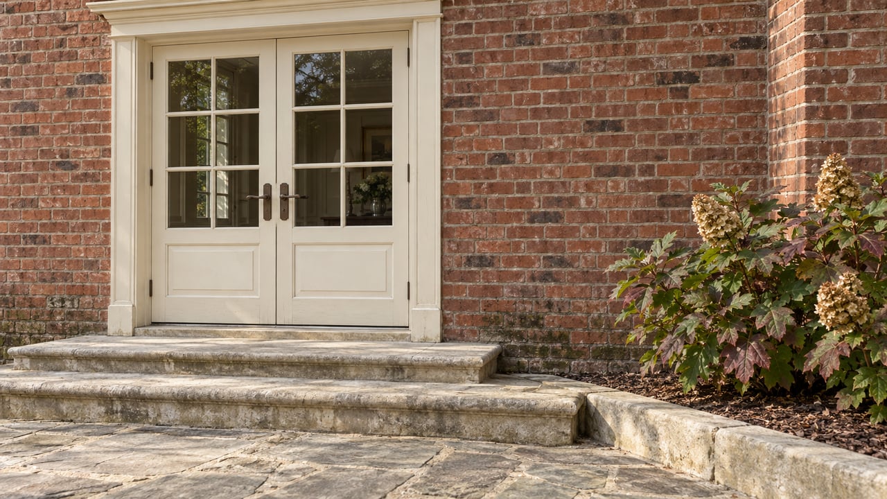 Closed cream-painted garden doors set into red brick above worn limestone steps and a fieldstone terrace, beside an oakleaf hydrangea.