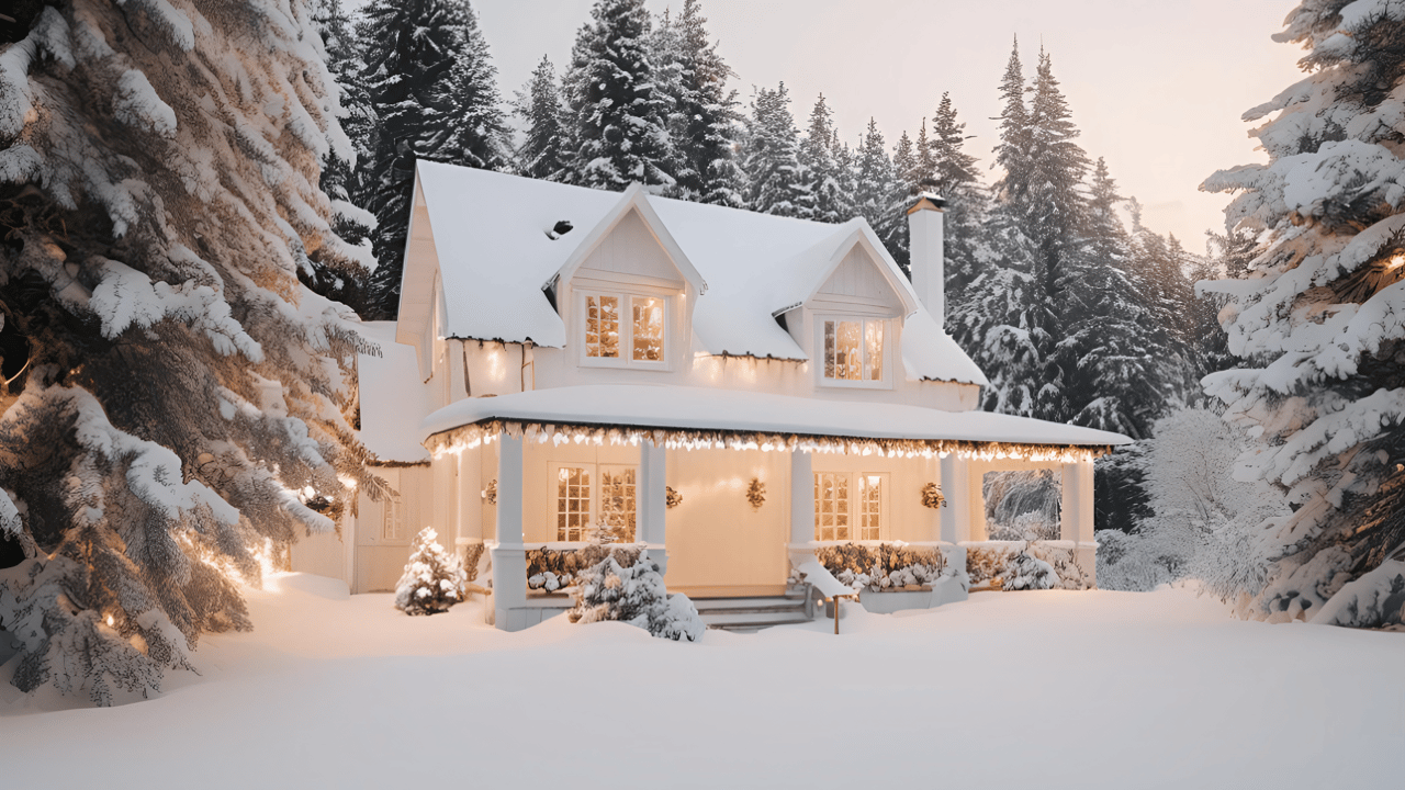 Snow-covered house glowing at dusk, with icicle lights and snowy evergreens.