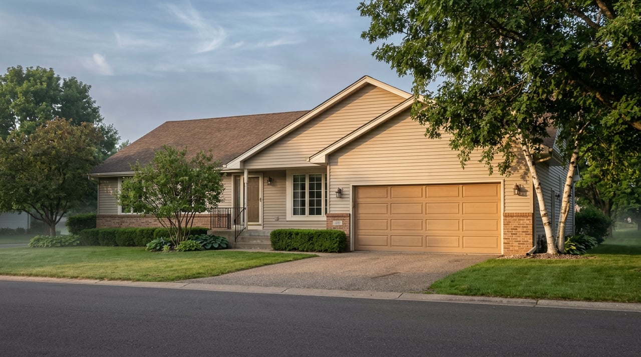 Raised-ranch house with double garage, brick base, and a curb-less asphalt road bordering the lawn.