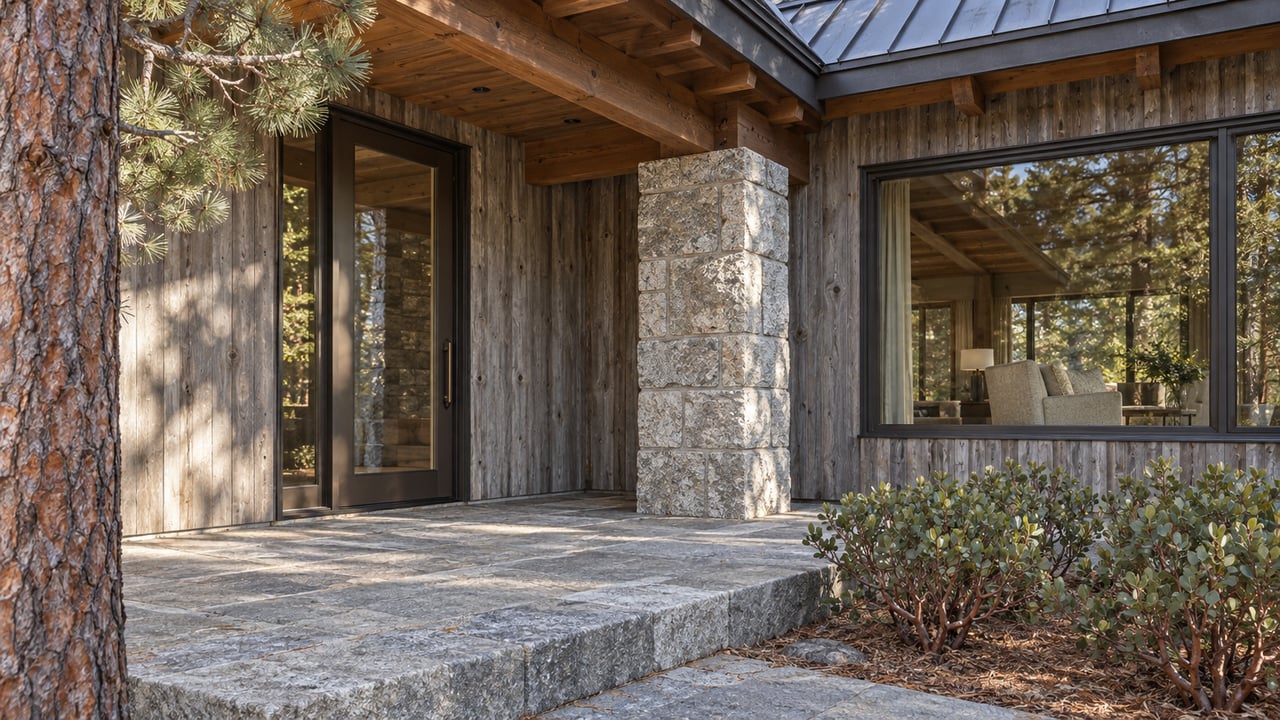 Sunlight grazes weathered cedar and granite at a wooded home's covered entry, beside a broad bronze-framed window and manzanita planting.