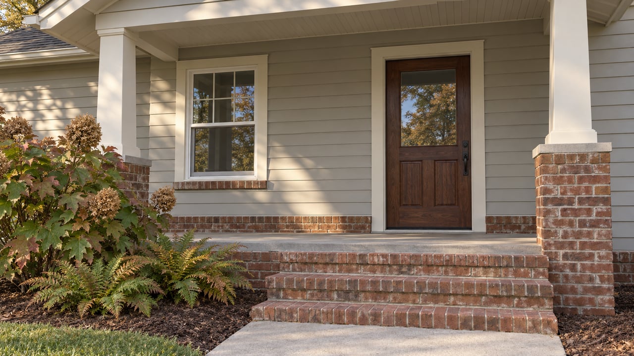 Warm afternoon light across a brick front porch with cream posts, gray siding, a glazed wooden door, and oakleaf hydrangea.