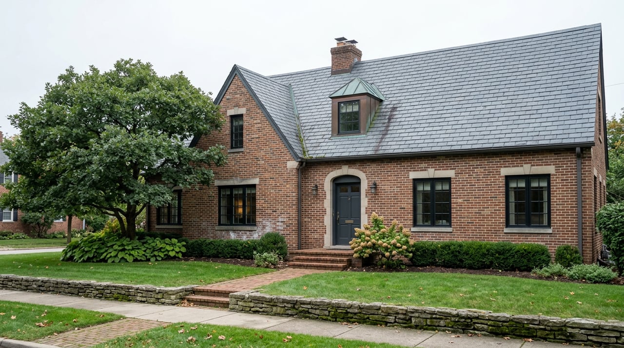 Brick two-story home with a slate gabled roof, arched entry, mature oak, and fieldstone garden wall.