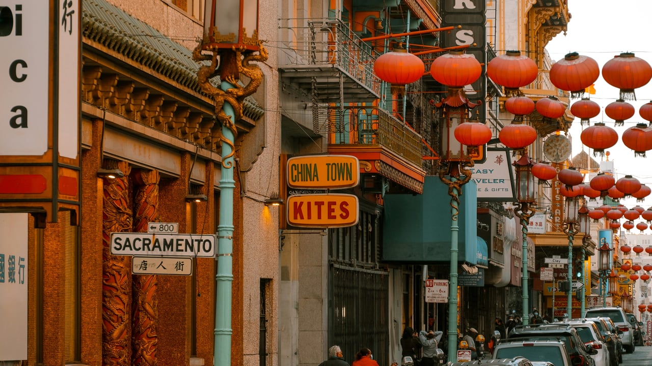 Red lanterns lining a street in San Francisco Chinatown
