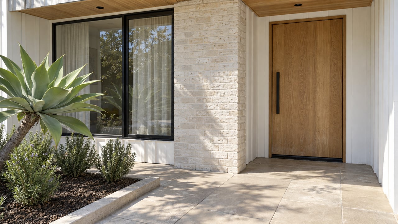 Sunlit entry with an oak door, pale brick pier, black-framed window, and agave beside sand-colored paving.