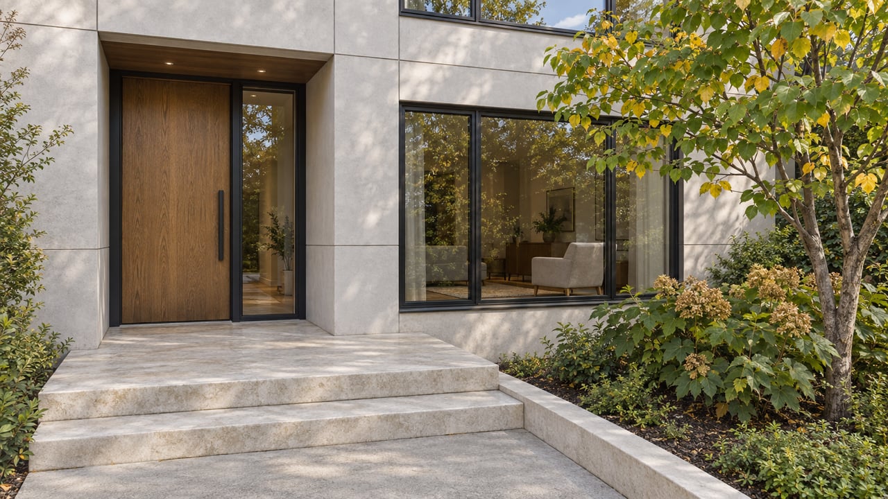 Contemporary home entrance with an oak door, pale gray panels, limestone steps, and a redbud shading two oakleaf hydrangeas.
