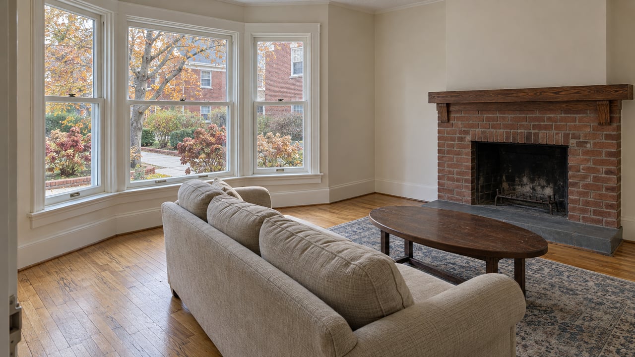 Daylit living room with a glazed bay window, russet brick fireplace, oak flooring and a woven sofa.