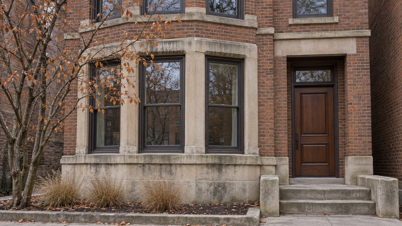Warm brick residential bay with limestone trim, dark sash windows, a recessed wooden entry and sparse copper autumn leaves.