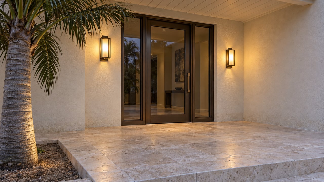 An ivory stucco home's glazed bronze entry glows at dusk above pale limestone paving beside a sculptural palm.