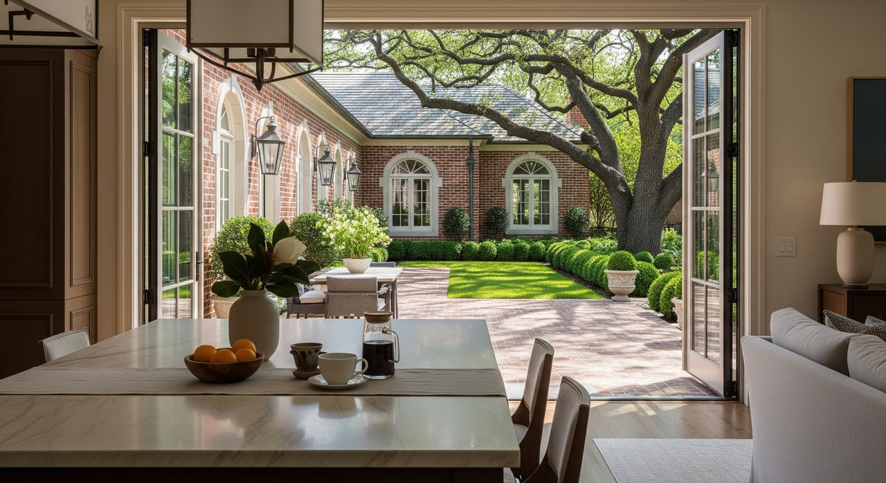 Open French doors reveal a brick courtyard beneath a spreading tree, viewed from a dining room.