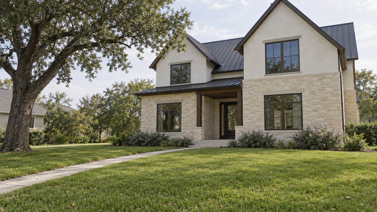 Two-story limestone and stucco house with a charcoal roof, set behind a broad lawn and narrow walk.