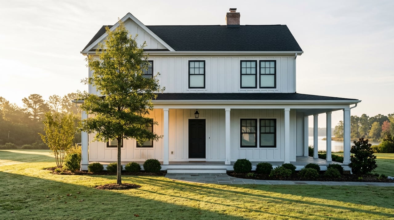 White two-story home with a columned porch, broad lawn, mature oak, and a glimpse of water.