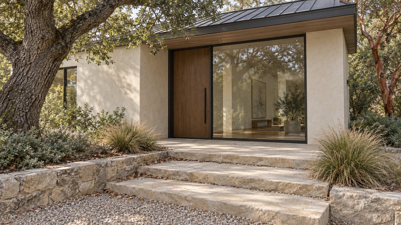Hillside home with sandstone steps, an oak tree, and a floor-to-ceiling window.