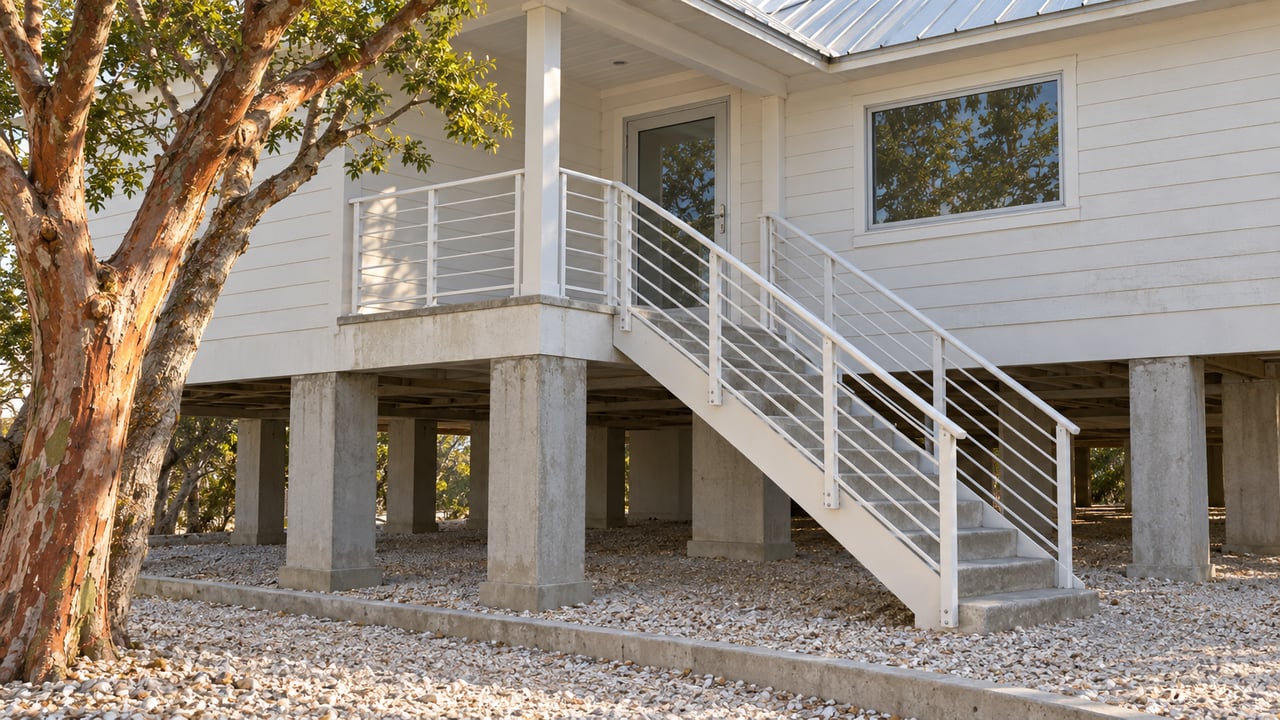 An elevated pale-sided home with an exterior concrete stairway, shell-gravel approach and a copper-barked gumbo-limbo tree.