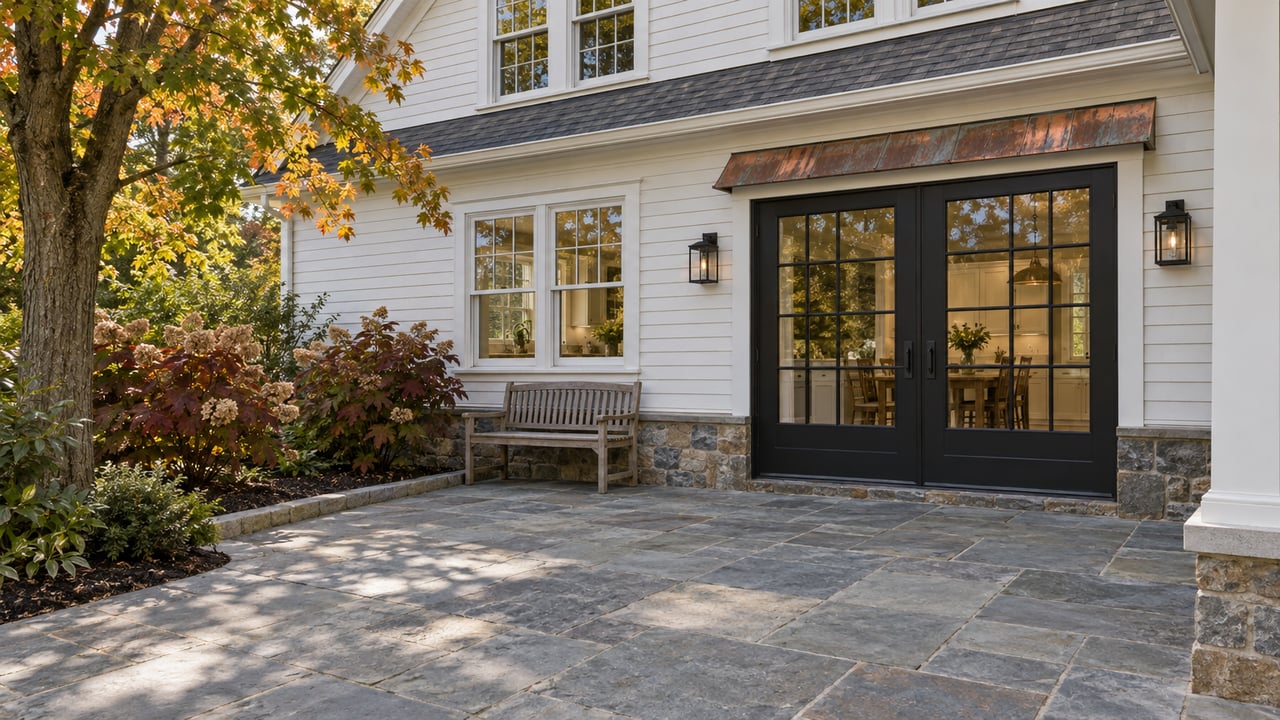 White clapboard home's rear terrace with bluestone paving, closed French doors, a teak bench and autumn maple foliage.