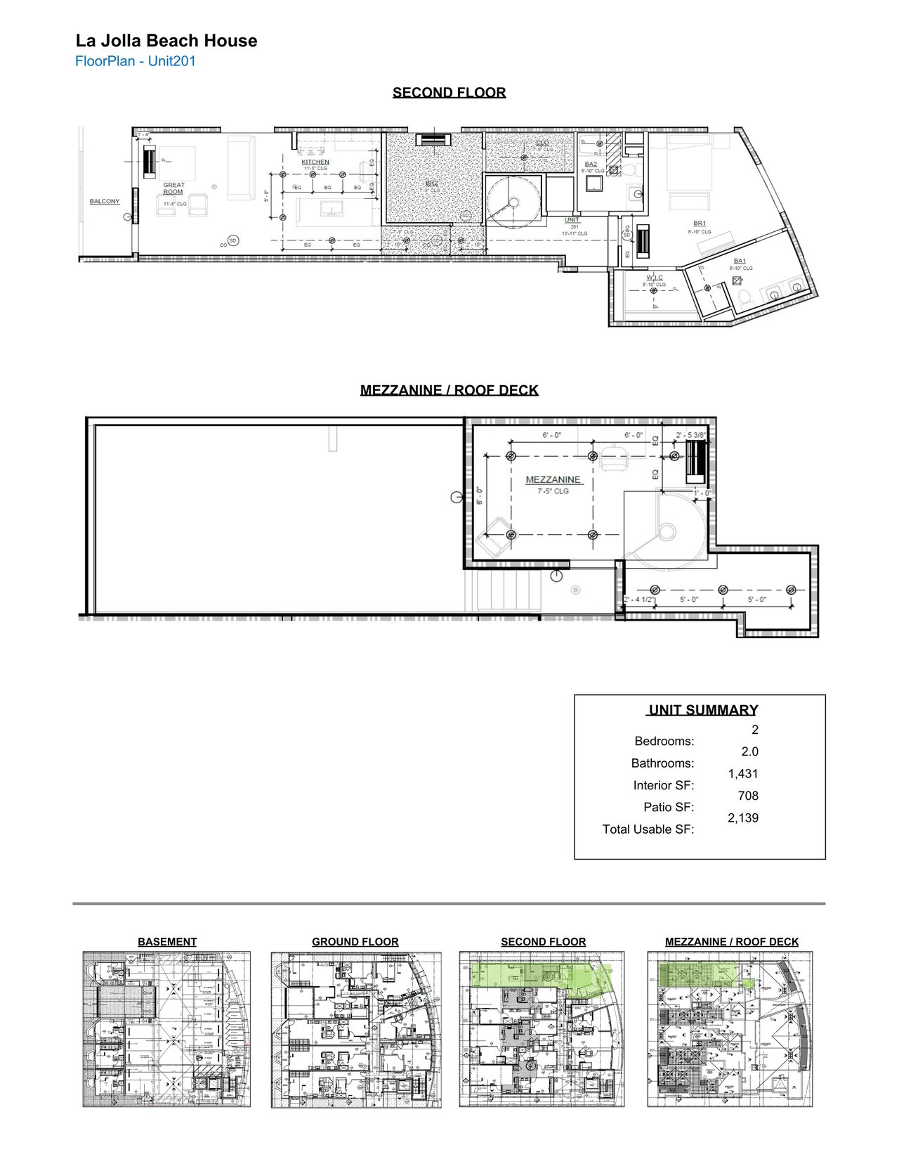 La Jolla Beach House Unit 201 floor plan showing the second floor, mezzanine and roof deck.
