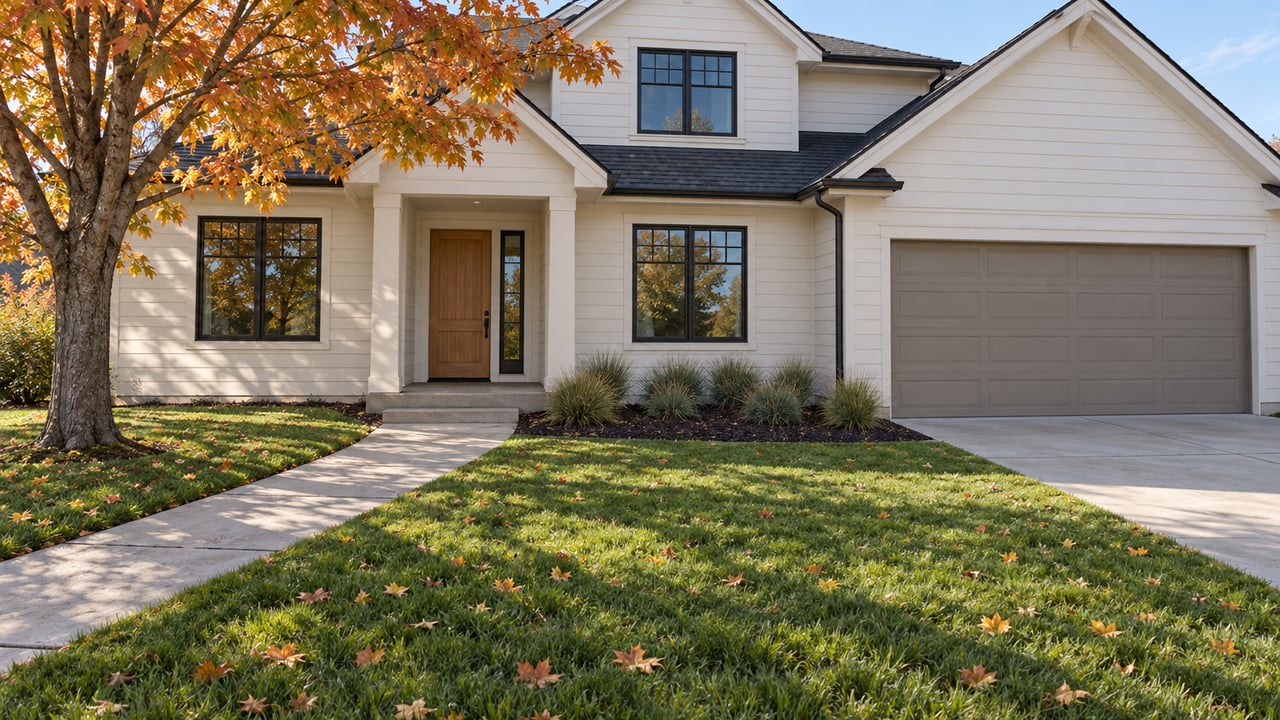 Light-sided gabled home with black-framed windows, an oak front door, a deep lawn, and an amber-leaved maple beside the approach.
