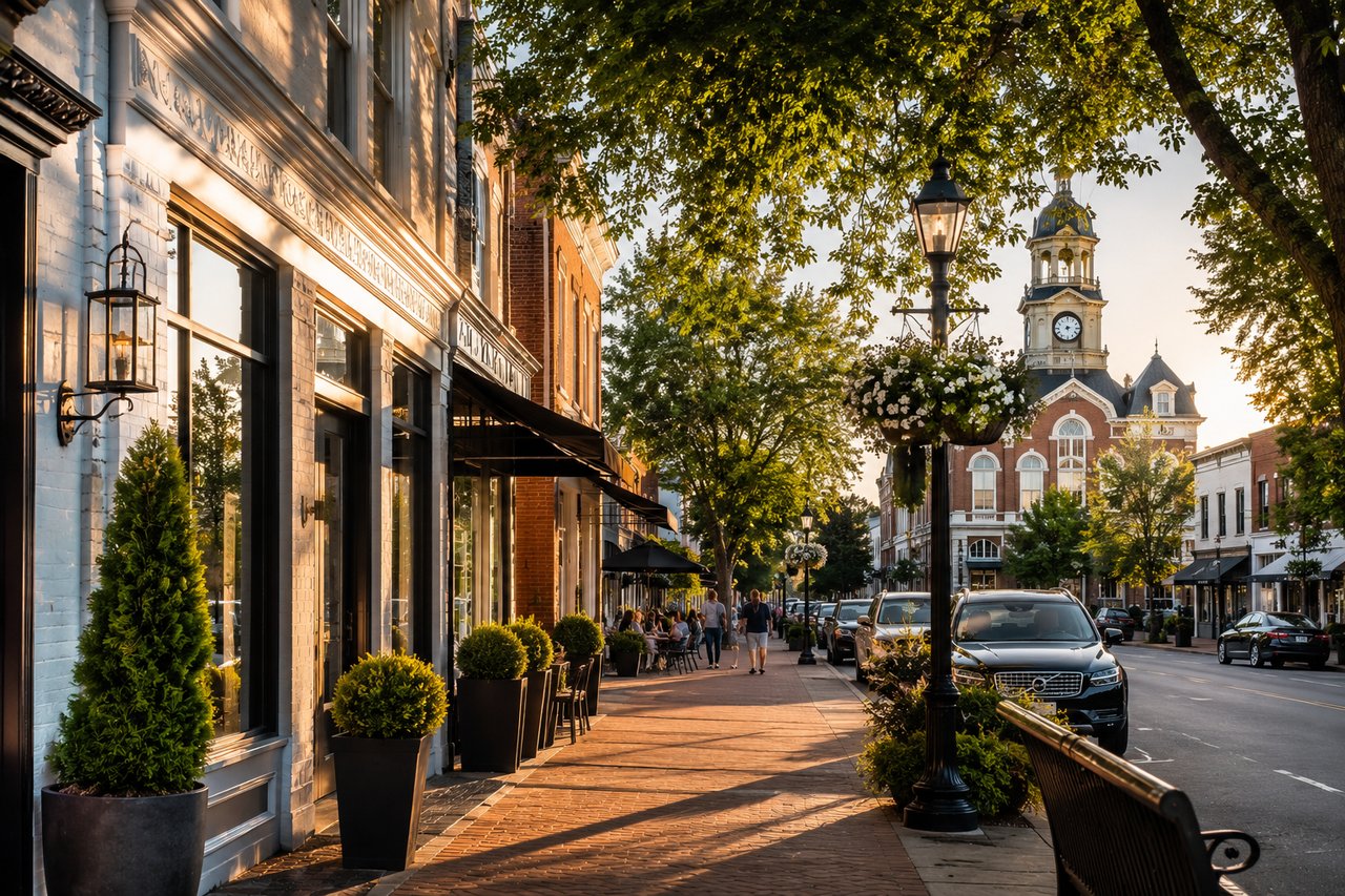 A picturesque view of Downtown Franklin, Tennessee, featuring historic architecture, upscale boutiques, outdoor cafés, and tree-lined streets, highlighting the luxury lifestyle and walkable charm that attract homebuyers to one of Middle Tennessee's most desirable communities.