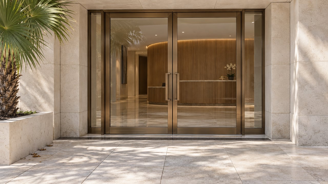 Bronze-framed glass lobby doors between limestone piers, with a fan palm in a raised planter.