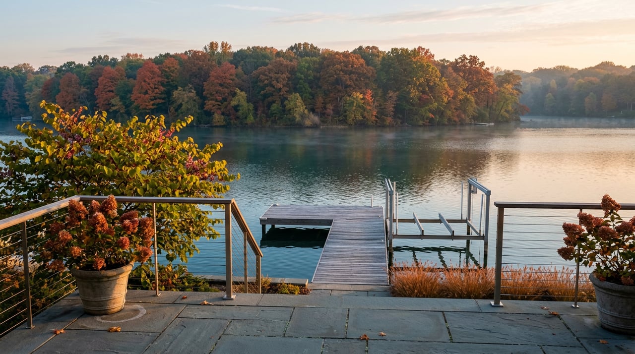 Stone terrace overlooks a private dock and lake, with autumn trees along the far shore.