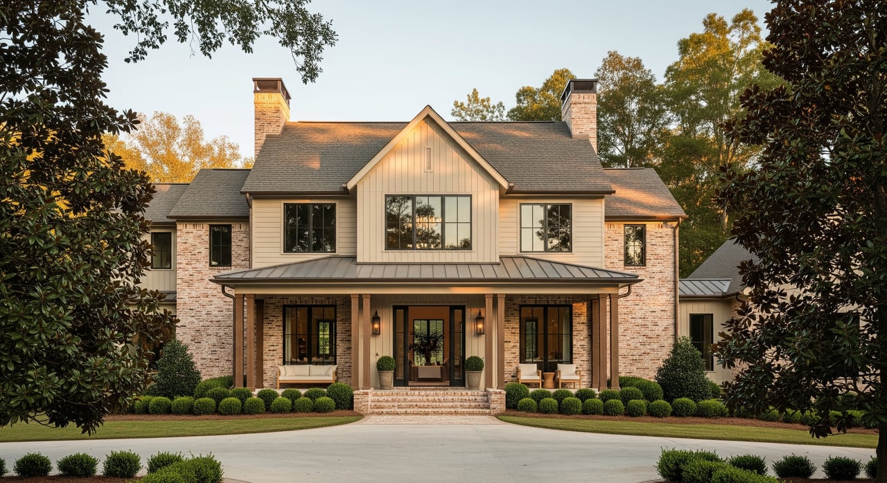 Large two-story house with stone chimneys, a covered porch, and rounded shrubs along the driveway.