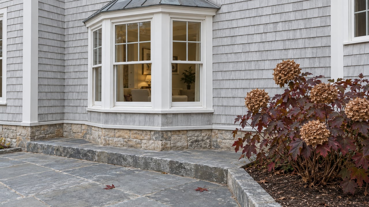 Pale gray shingle home with a white-trimmed window bay above a bluestone terrace and burgundy oakleaf hydrangea.