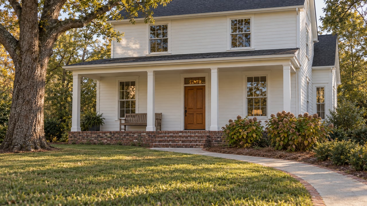 A white clapboard home with a brick porch, curved walkway, broad autumn lawn, and mature oak in warm afternoon light.