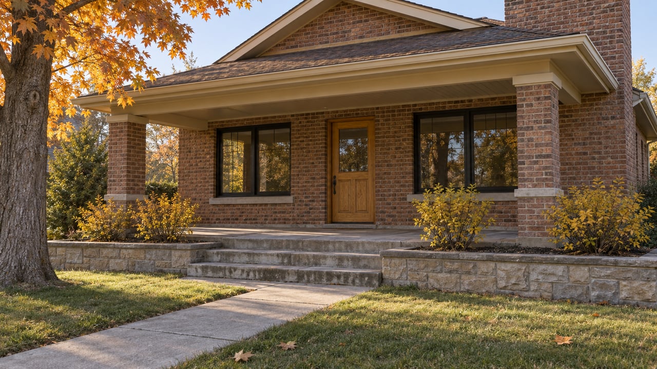 Late-afternoon light across a brick bungalow's covered porch, sandstone steps, and amber maple foliage.