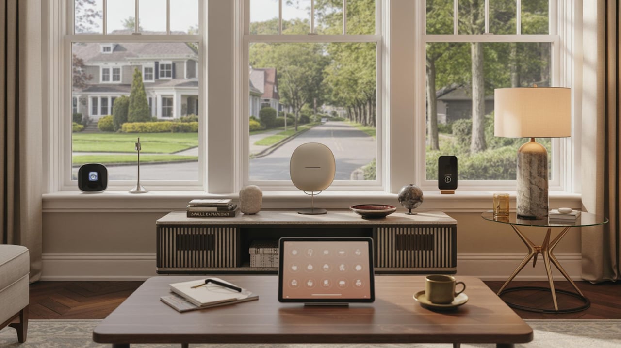 Smart home devices and tablet sit on a desk before windows overlooking a suburban street.