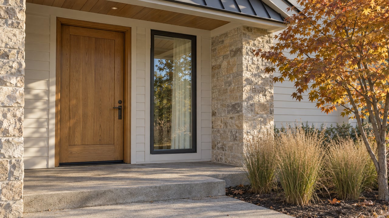 Covered home entrance with an oak door, limestone pier, pale lap siding and an autumn maple beside a concrete step.