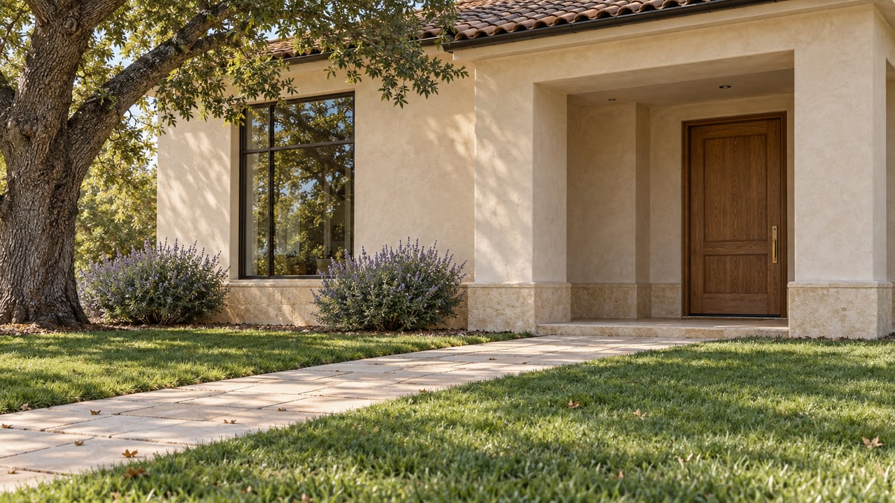 Sand-stucco home with an oak front door, bronze-framed window, limestone path, and mature oak tree.