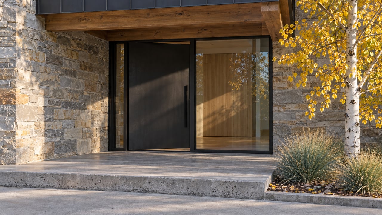 Contemporary home entrance with a timber canopy, sandstone wall, black steel glazing and concrete steps beside a yellow-leaved aspen.