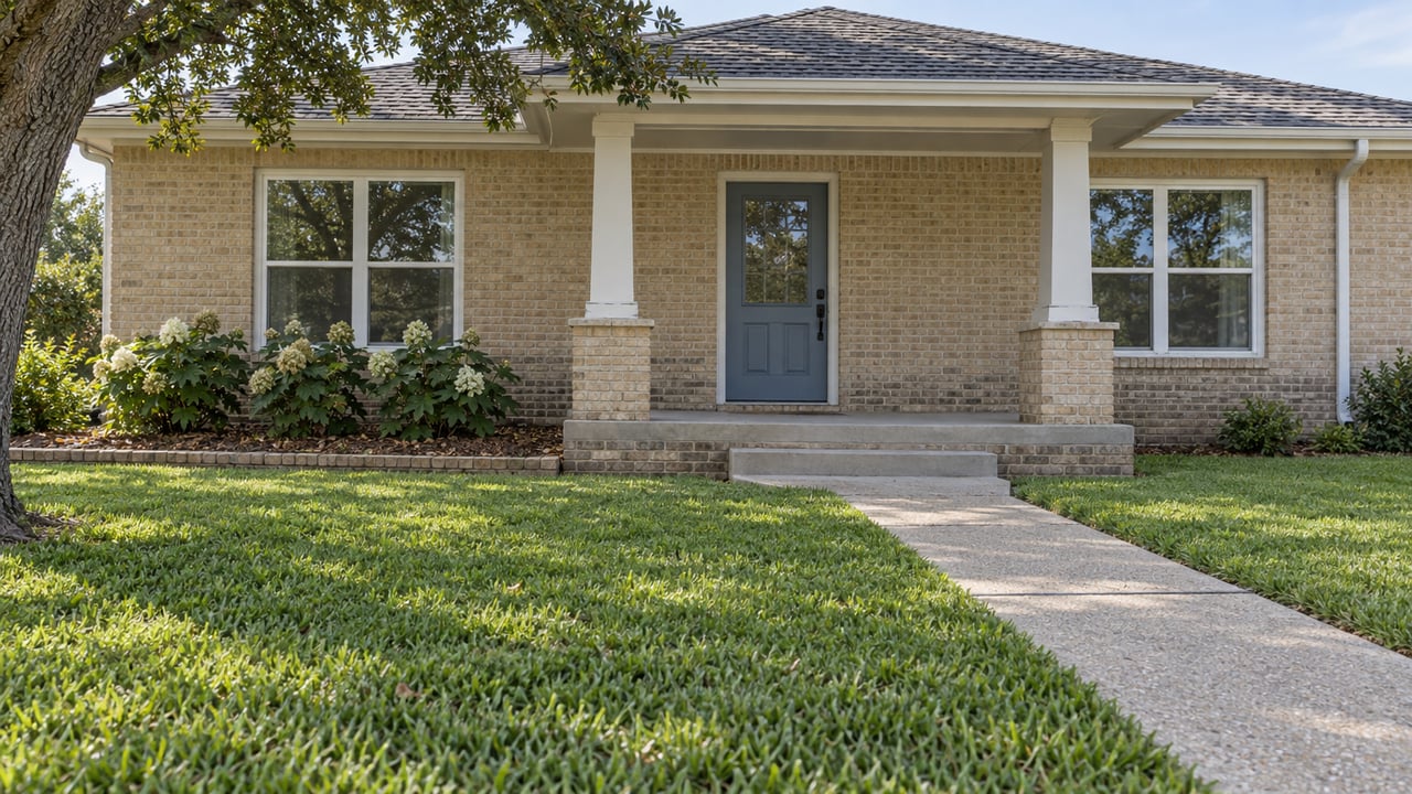 Sand-colored brick home with a shaded white-columned porch, blue-gray entry door and deep front lawn beneath a spreading live oak.