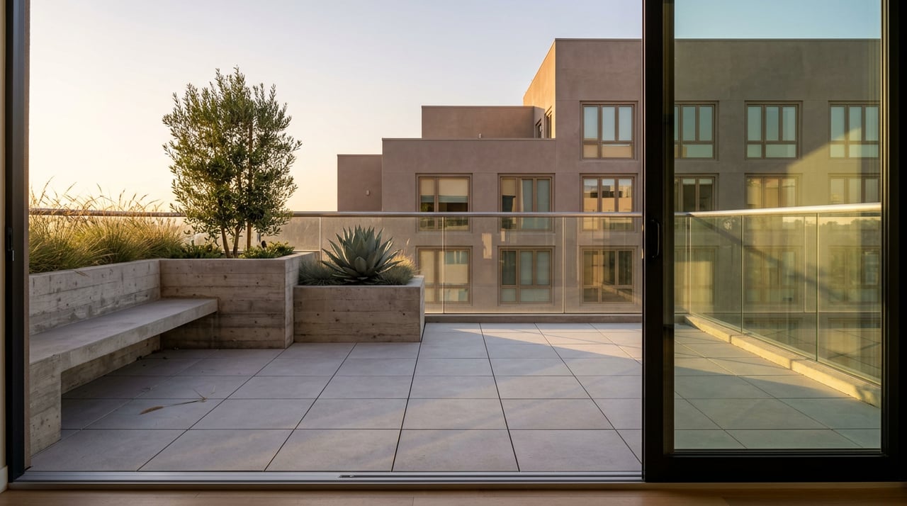 High-rise terrace with concrete planters, glass railing, and stepped taupe building beyond in afternoon light.