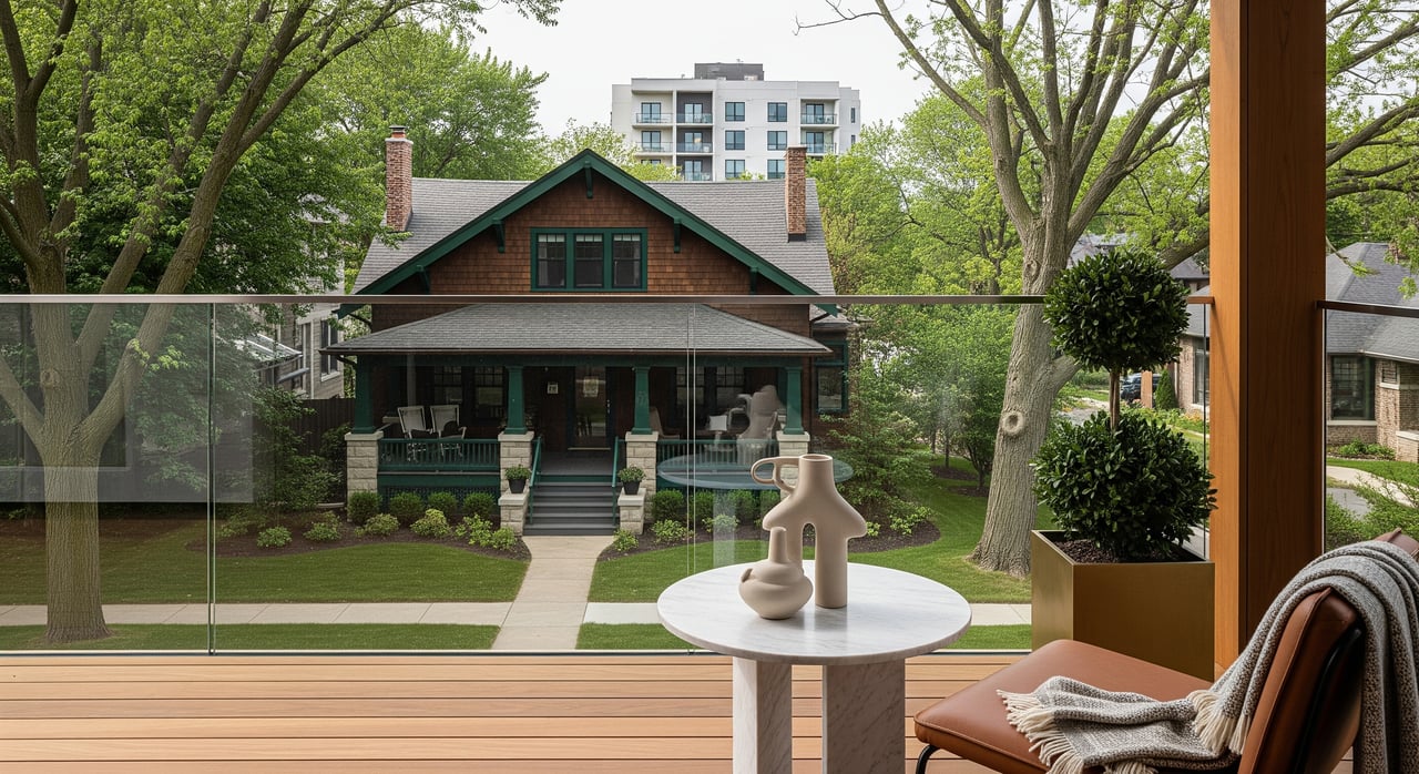 View from a balcony toward a dark green craftsman house, framed by trees with an apartment building behind it.