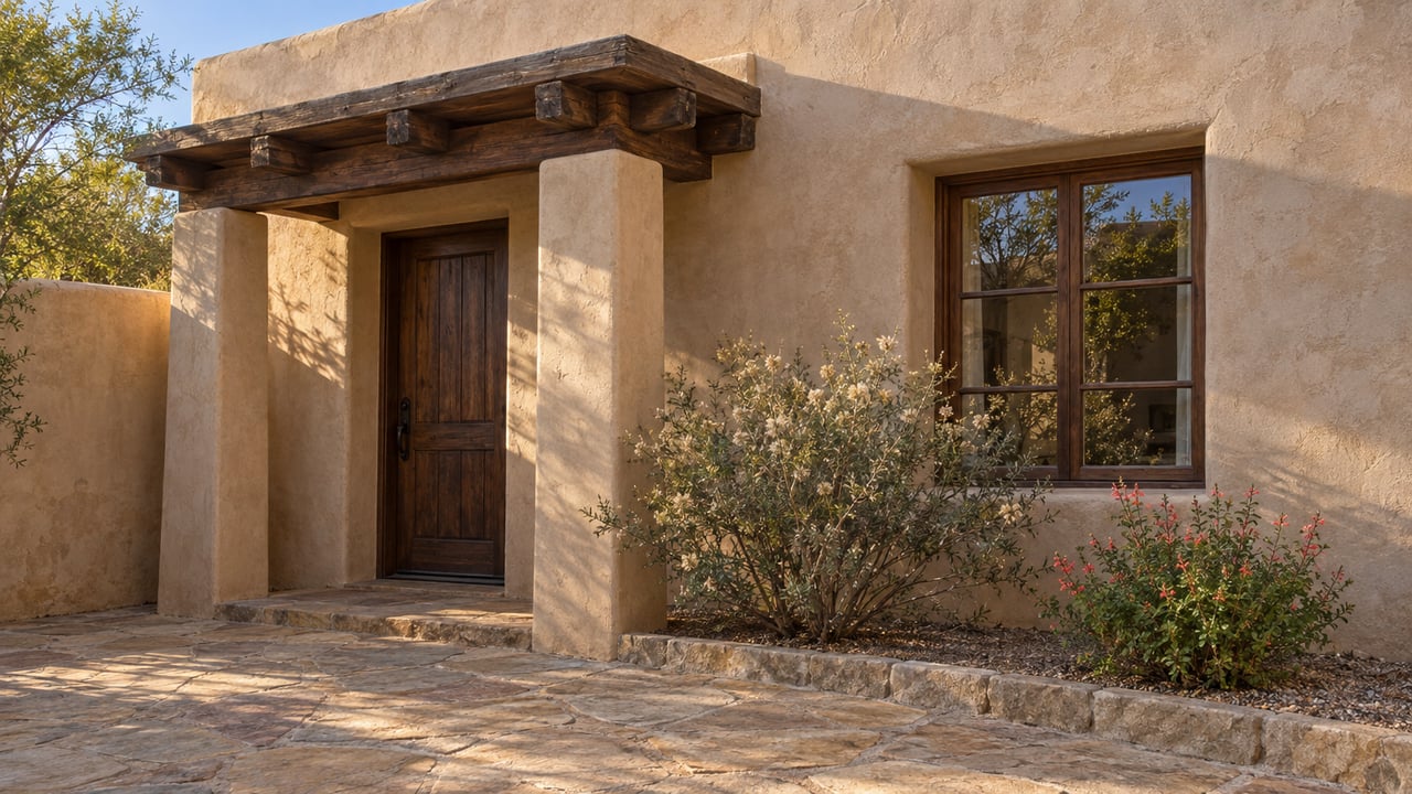 Sand-colored plaster facade with a dark wood door, divided window, timber canopy, and flowering plants in a stone court.