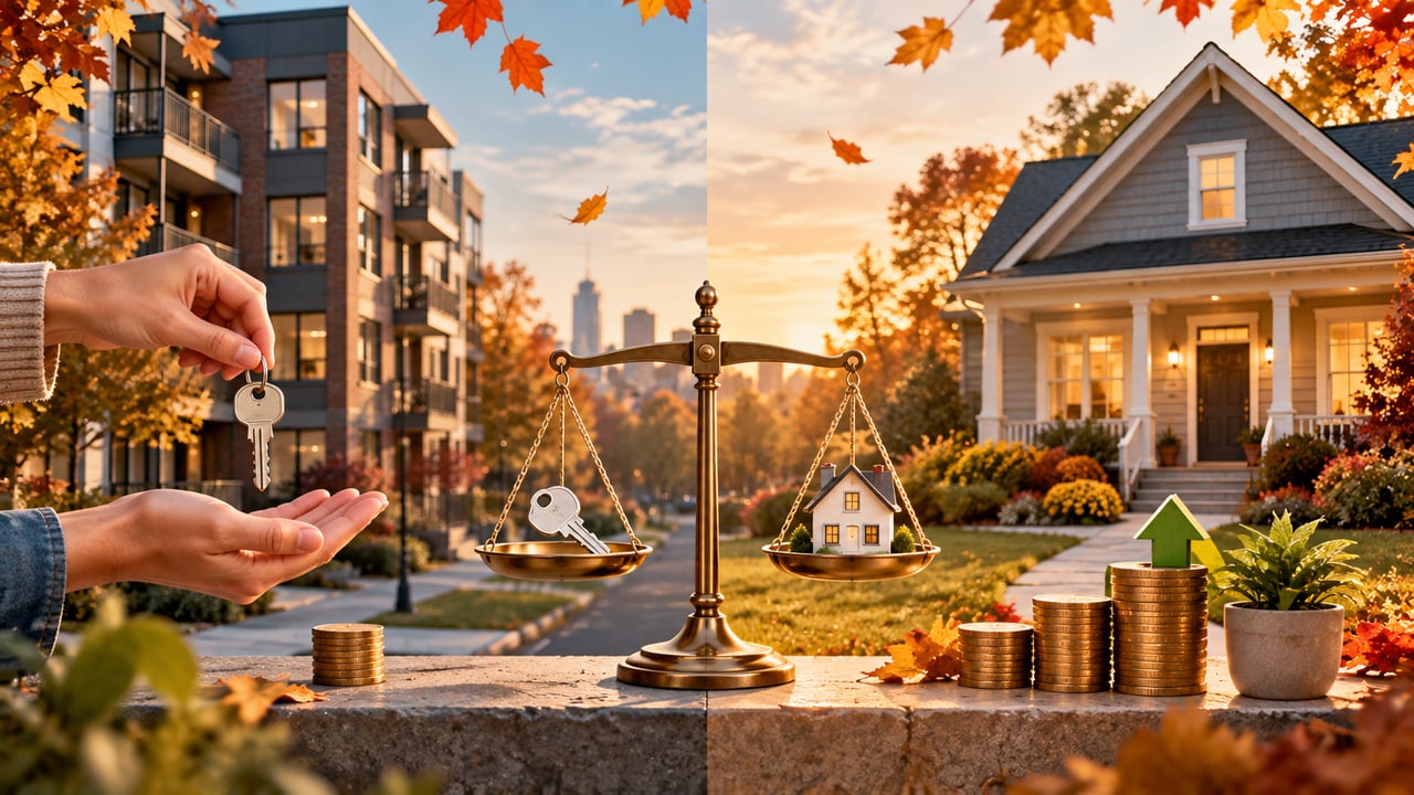 Rent-versus-buy comparison with apartment keys, a house, a balance scale, and coin stacks.