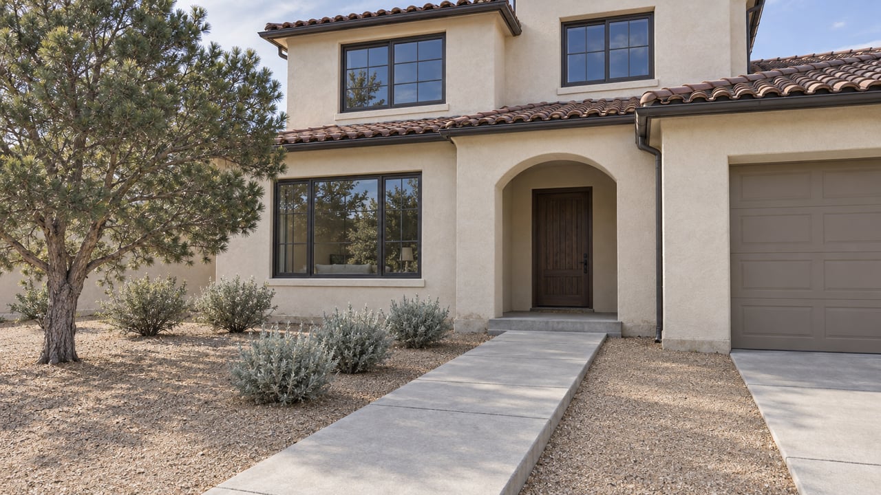 Ivory stucco home with a tiled roof, arched entry and dry garden planted with a sculptural pine and silver-leaved shrubs.