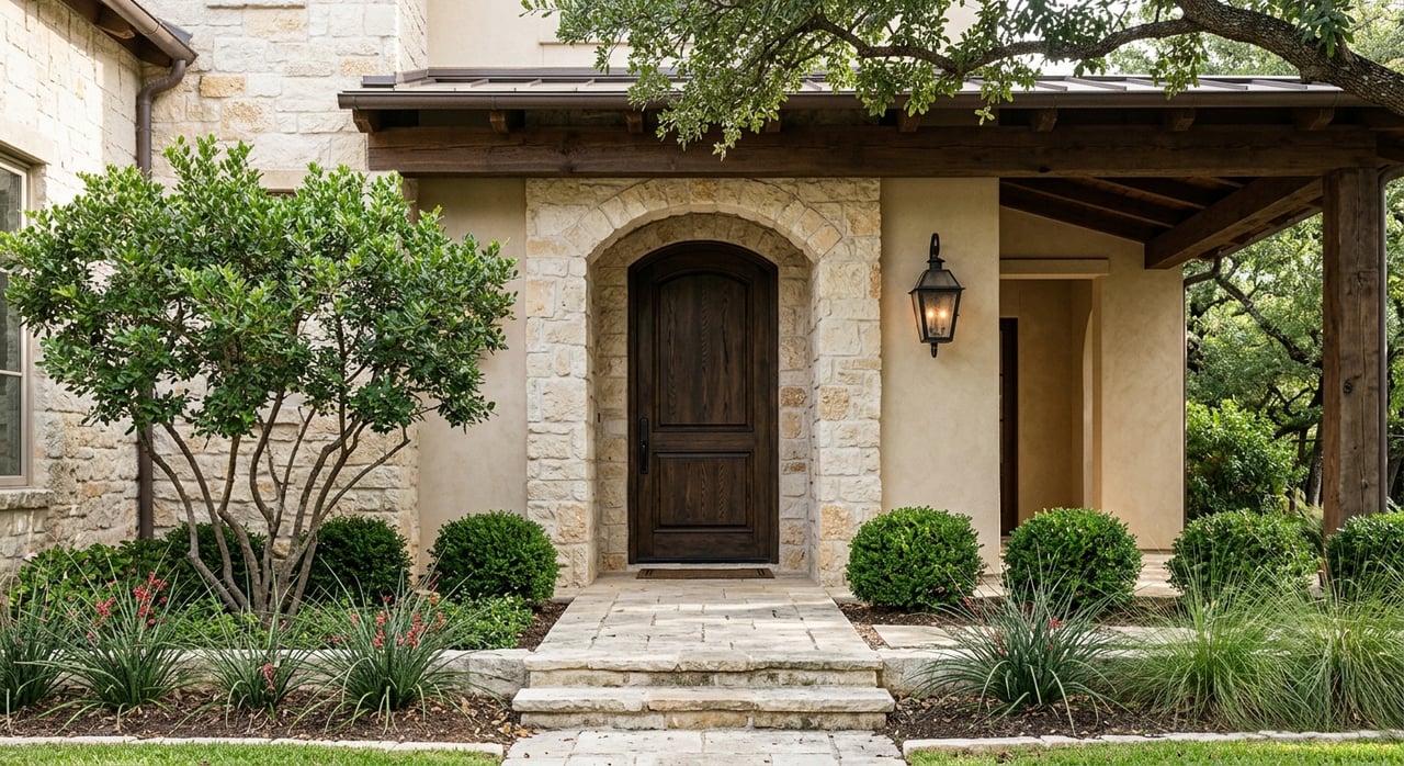 Walnut door beneath a limestone arch, flanked by clipped shrubs and ornamental grasses.