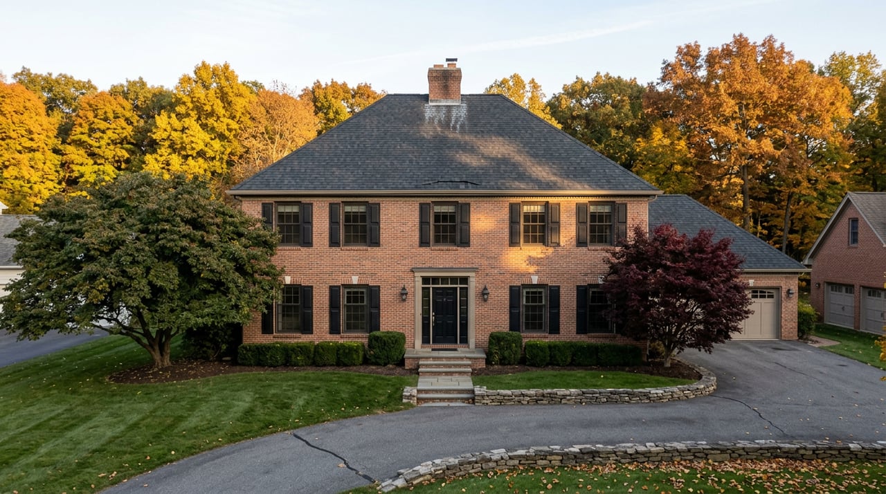 Two-story brick estate with a curving driveway, stone wall, and autumn-colored trees behind it.