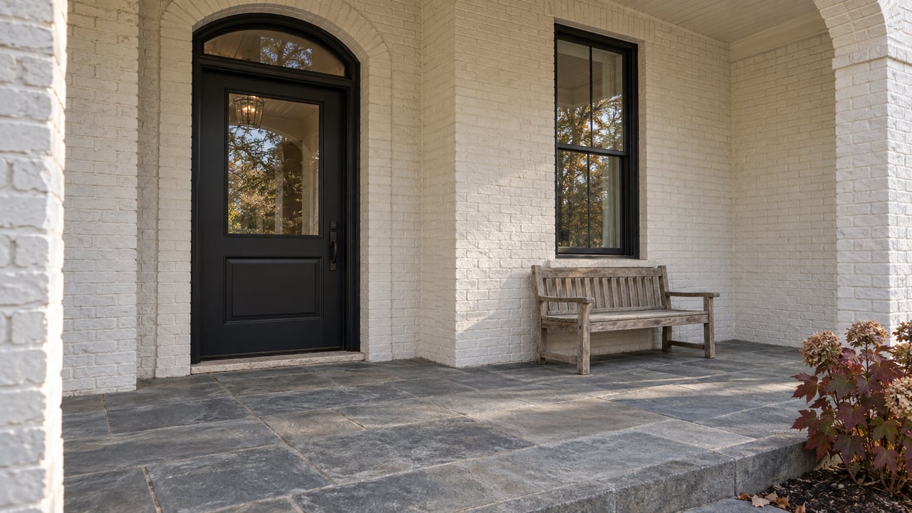 White painted-brick porch with an arched glazed entry, black-trimmed window, oak bench and weathered gray-blue stone paving.