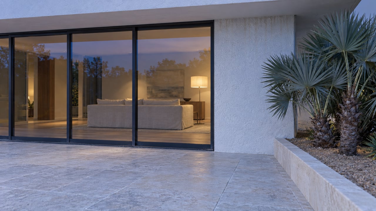 Blue-hour view of a white stucco home's glazed living room, limestone terrace and silver saw palmetto.