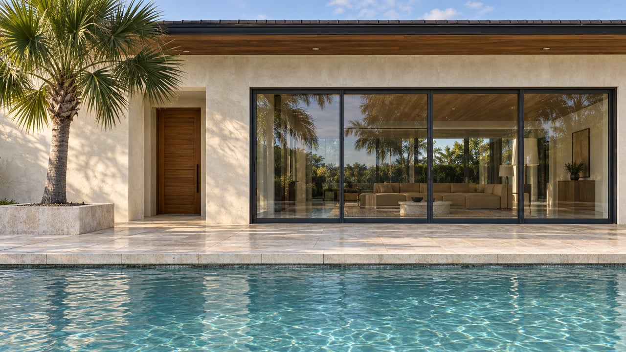 Blue-green pool before an ivory-stucco house, with glazed doors, a wood entry door, and a fan palm.