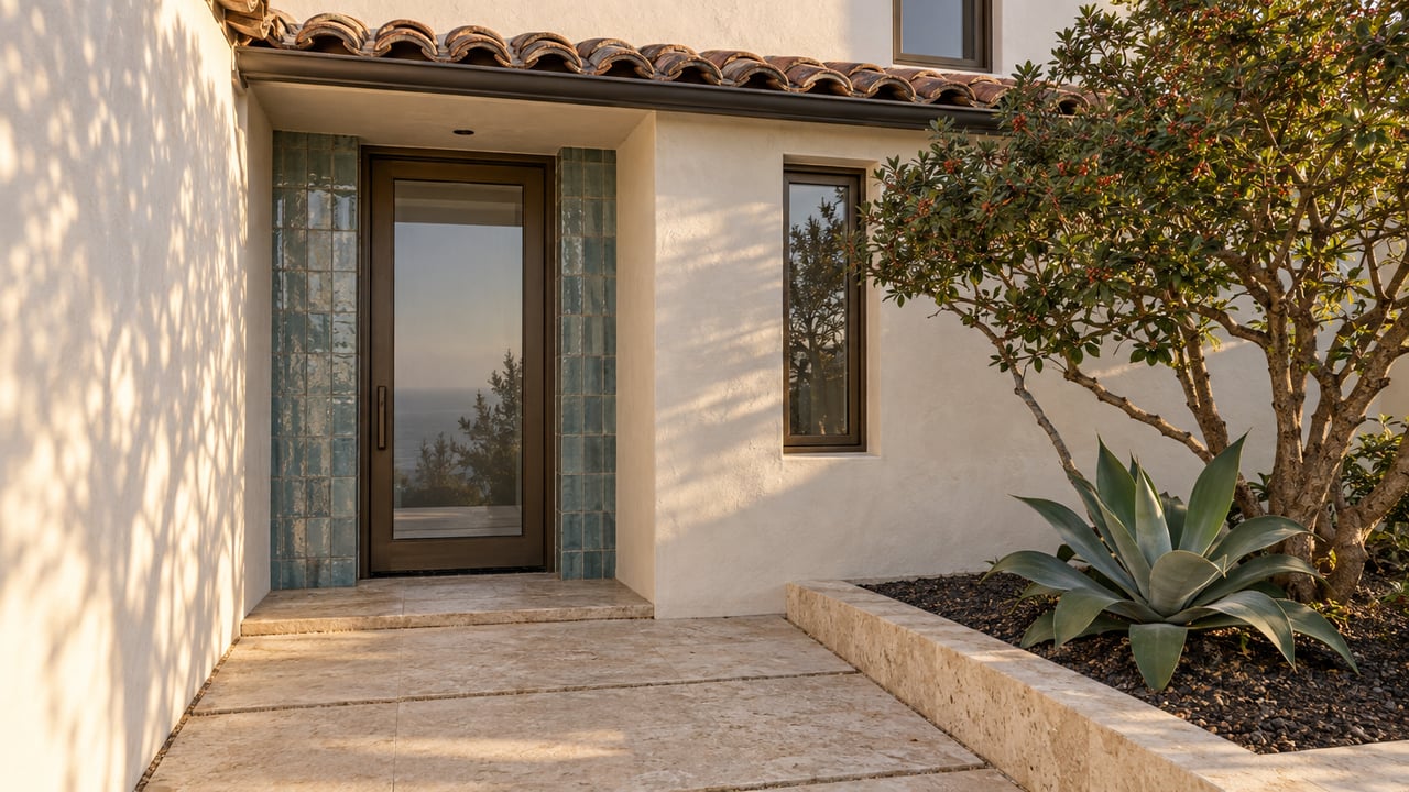 Coastal house entry with a bronze-framed glazed door, blue-green tile surround, limestone path, and raised planting bed.