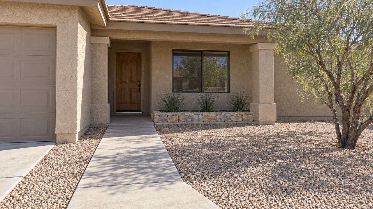 Sunlit stucco home with a tiled roof, shaded entry, gravel front yard and sculptural desert willow beside a concrete approach.