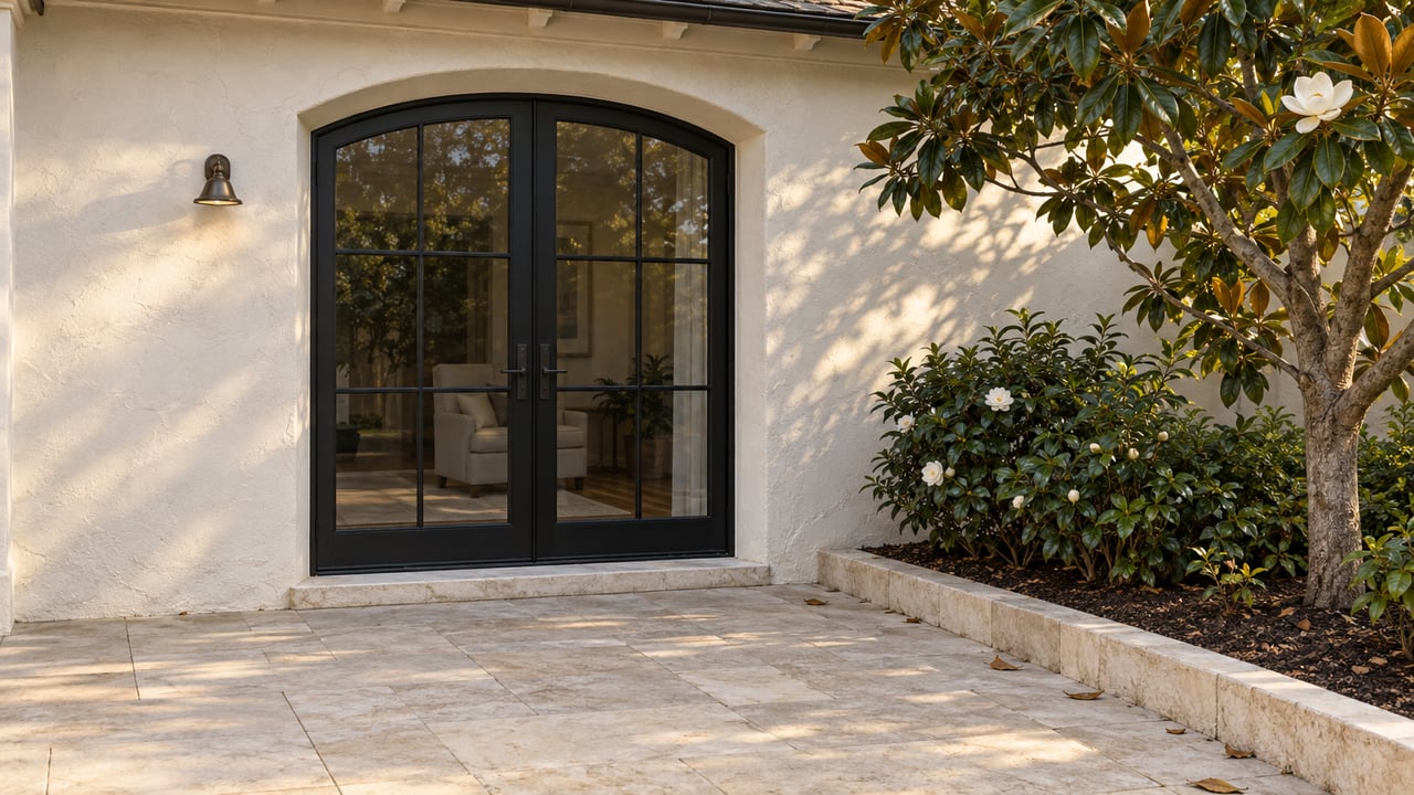 Side terrace with arched black-framed glass doors, pale limestone pavers, and a magnolia tree.